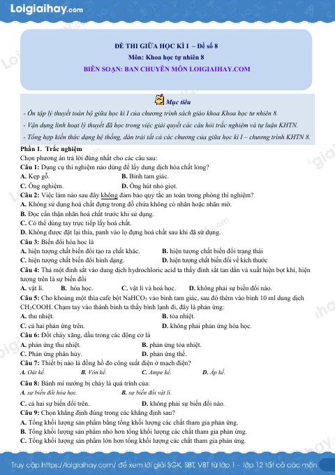 Đề thi giữa kì 1 KHTN 8 Cánh diều - Đề số 8
